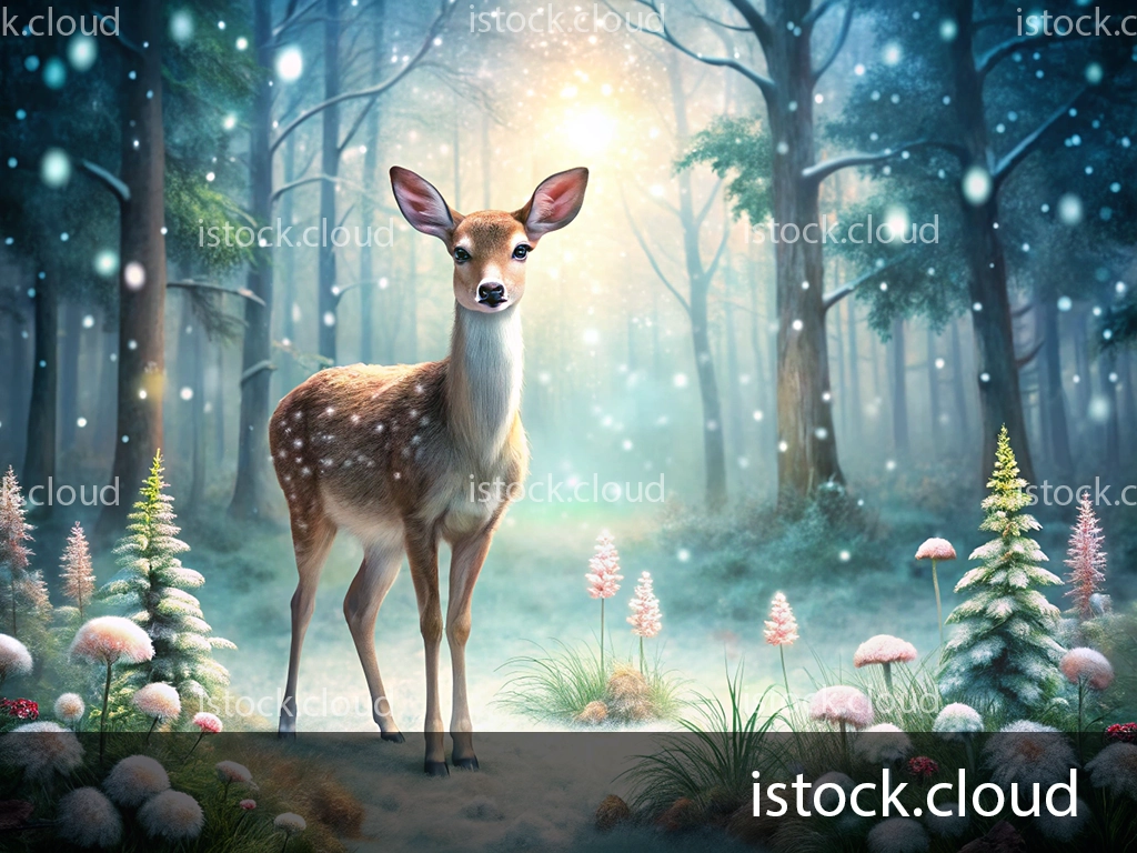 A serene winter forest scene featuring a graceful deer standing amidst colorful, frosted plants and fluffy flowers. Snowflakes gently fall in the ethereal atmosphere, creating a magical ambiance.