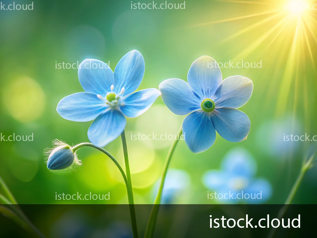 Close-up of delicate blue flowers with a sunshine backdrop, featuring two fully bloomed flowers and a budding flower.