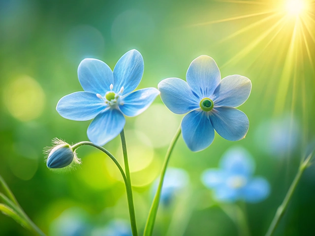 Close-up of delicate blue flowers with a sunshine backdrop, featuring two fully bloomed flowers and a budding flower.