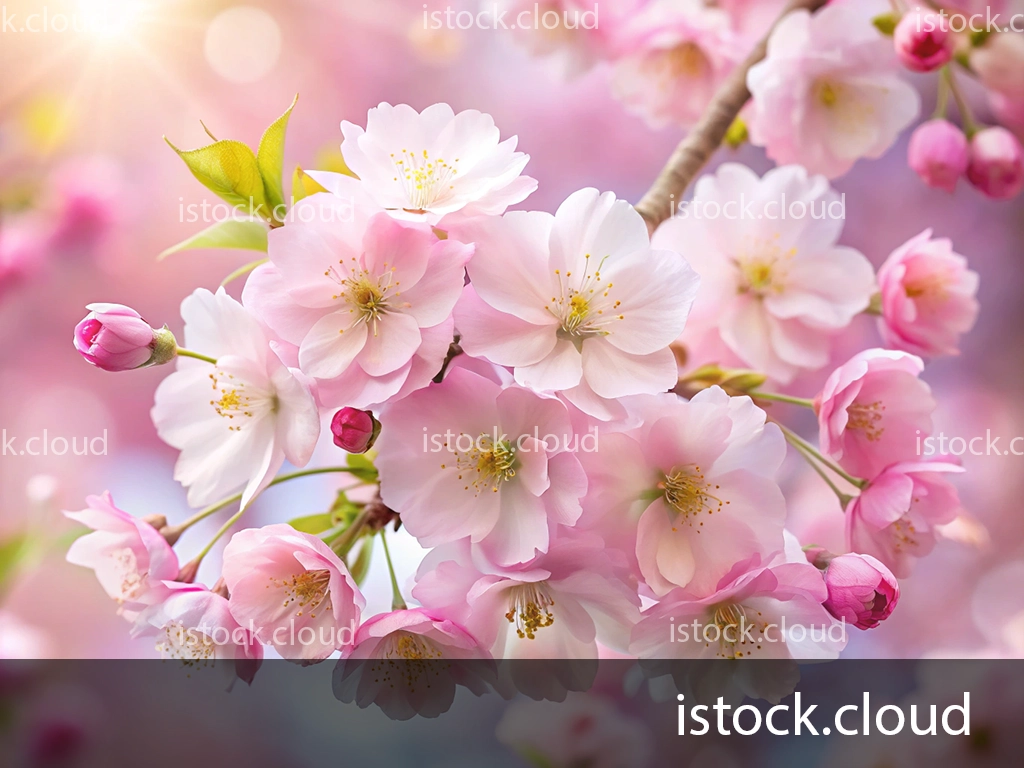 A close-up view of pink cherry blossoms in full bloom, with soft-focus background colors and sunlight filtering through the petals.