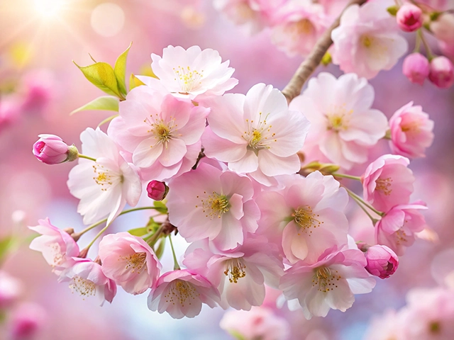 A close-up view of pink cherry blossoms in full bloom, with soft-focus background colors and sunlight filtering through the petals.