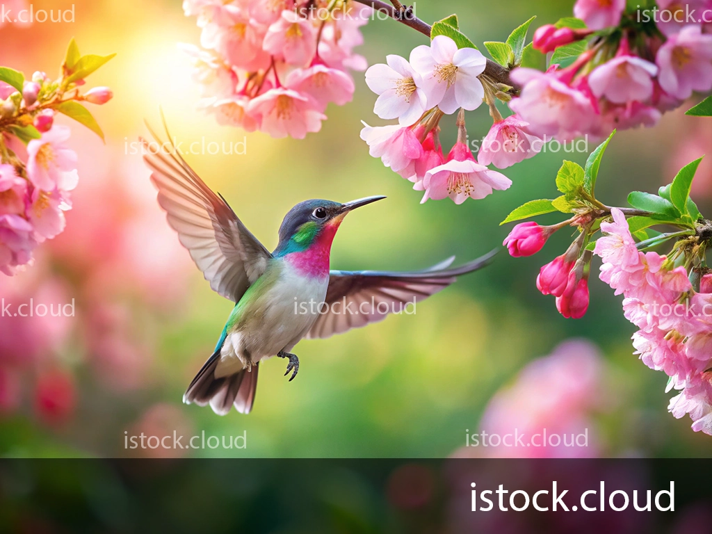 A vibrant hummingbird hovers in front of blooming pink and white flowers, with sunlight creating a warm, ethereal glow in the background.