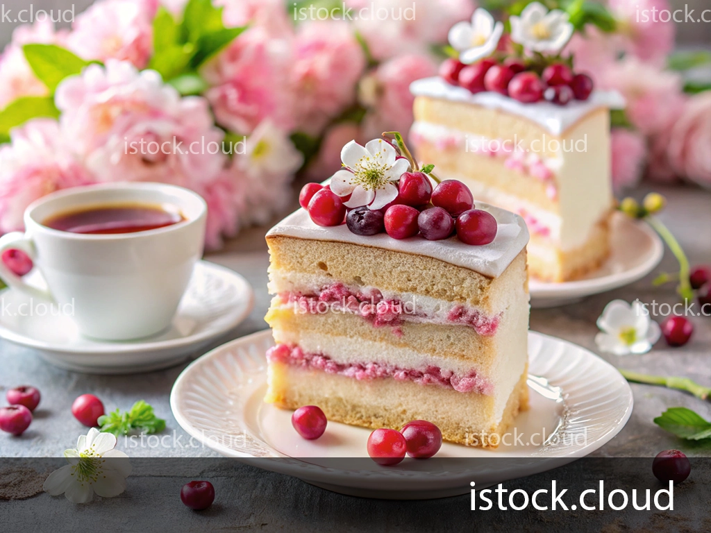 A close-up of a slice of cake adorned with fresh cranberries and small white blossoms, placed on a white plate next to a cup of coffee. In the background, another slice of the cake is visible along with pink flowers, creating a soft and inviting atmosphere.
