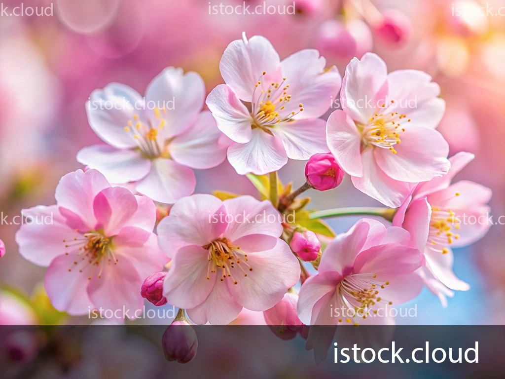 Close-up of pink cherry blossoms with delicate petals and visible yellow stamens. Soft, blurred background enhances the floral focus.