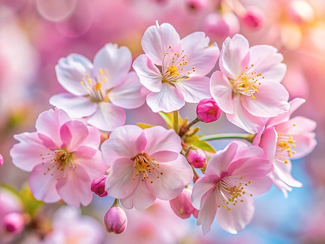 Close-up of pink cherry blossoms with delicate petals and visible yellow stamens. Soft, blurred background enhances the floral focus.