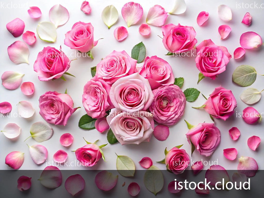 An artistic layout of pink roses surrounded by scattered rose petals on a white background, showcasing various shades of pink and soft green leaves.