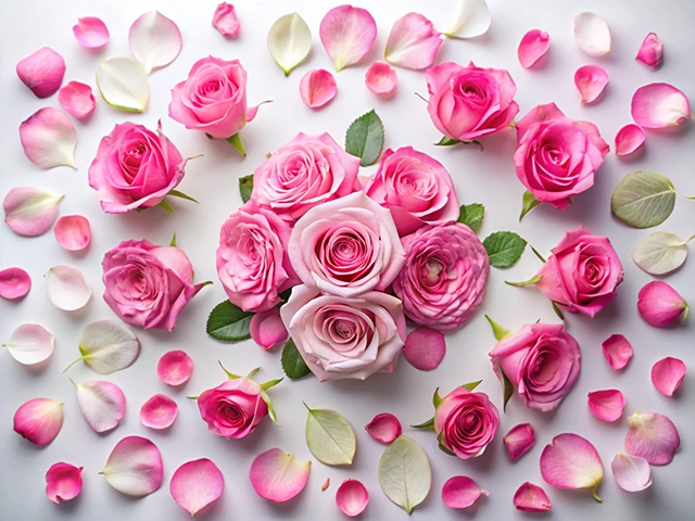An artistic layout of pink roses surrounded by scattered rose petals on a white background, showcasing various shades of pink and soft green leaves.