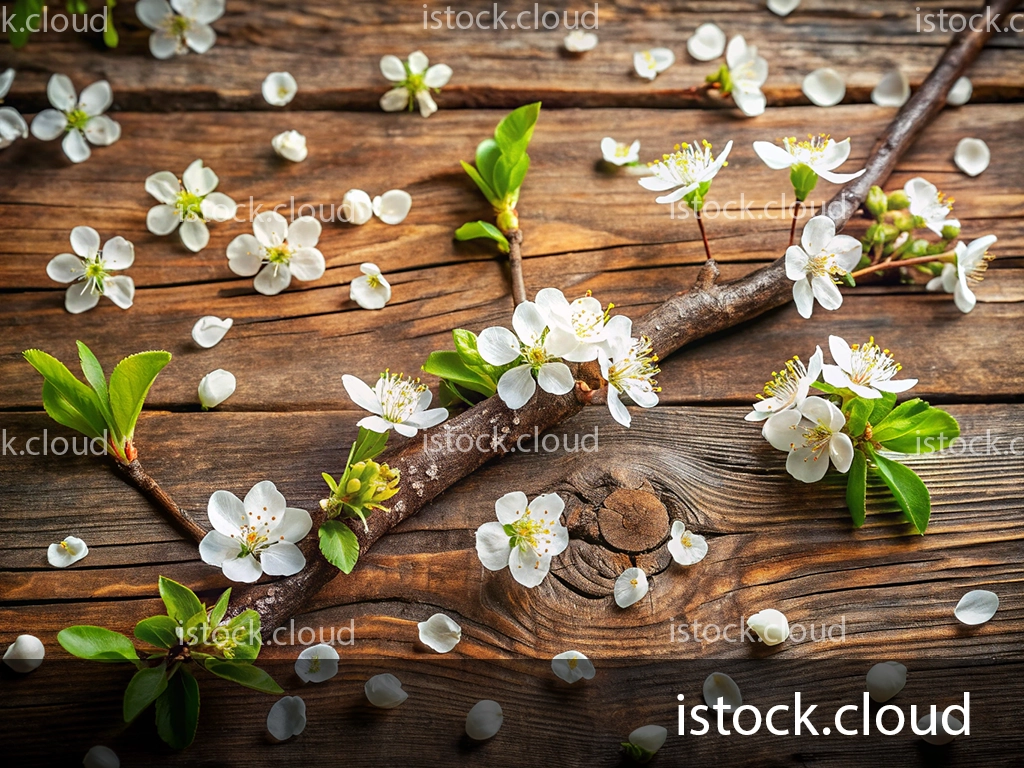 A branch with white flowers and green leaves resting on a rustic wooden table, surrounded by scattered flower petals.