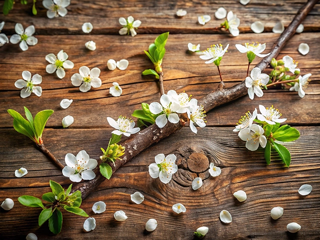 A branch with white flowers and green leaves resting on a rustic wooden table, surrounded by scattered flower petals.