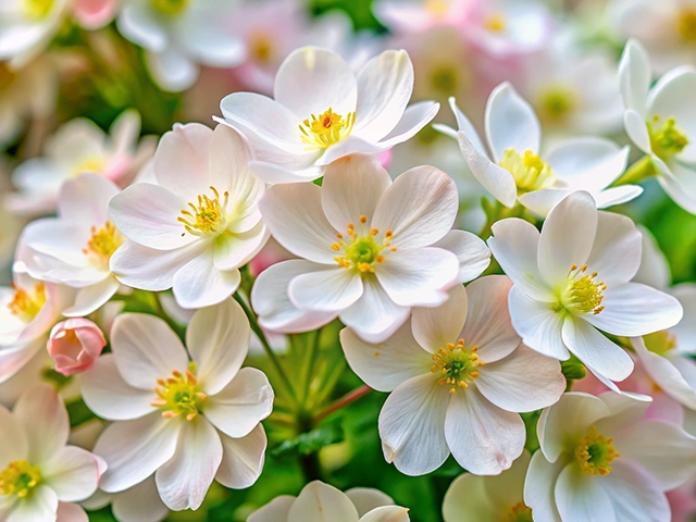 A close-up view of clusters of delicate white flowers with yellow centers, surrounded by soft pink petals, creating a serene and colorful floral backdrop.