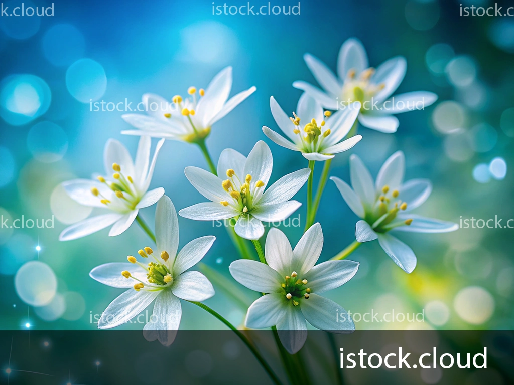 A close-up image of delicate white flowers with yellow stamens set against a soft blue and green bokeh background, conveying a serene and tranquil atmosphere.