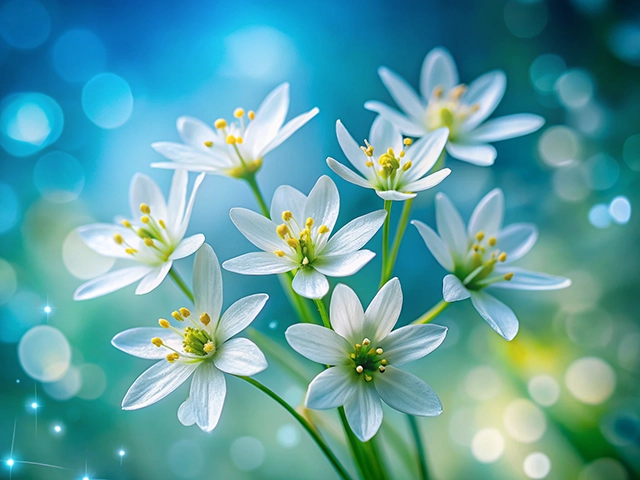 A close-up image of delicate white flowers with yellow stamens set against a soft blue and green bokeh background, conveying a serene and tranquil atmosphere.