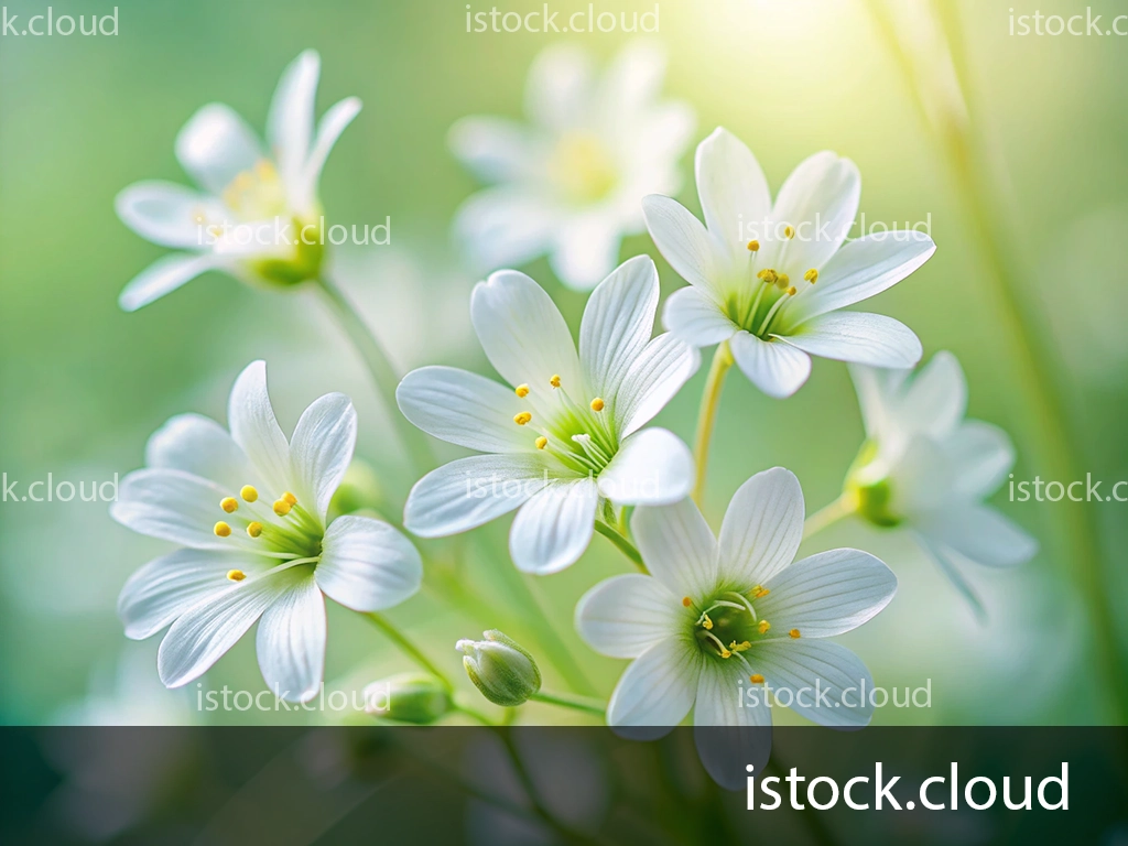 A close-up of delicate white flowers with yellow stamens, set against a soft green background. The petals are slightly translucent, giving a gentle and serene appearance, with sunlight softly illuminating the scene.