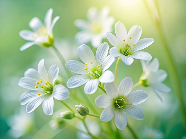 A close-up of delicate white flowers with yellow stamens, set against a soft green background. The petals are slightly translucent, giving a gentle and serene appearance, with sunlight softly illuminating the scene.