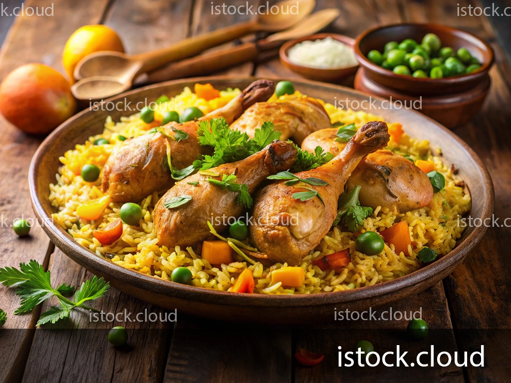 A beautifully arranged bowl of chicken biryani served over fragrant yellow rice with green peas and diced carrots, garnished with fresh cilantro, alongside apples and wooden utensils on a rustic wooden table.