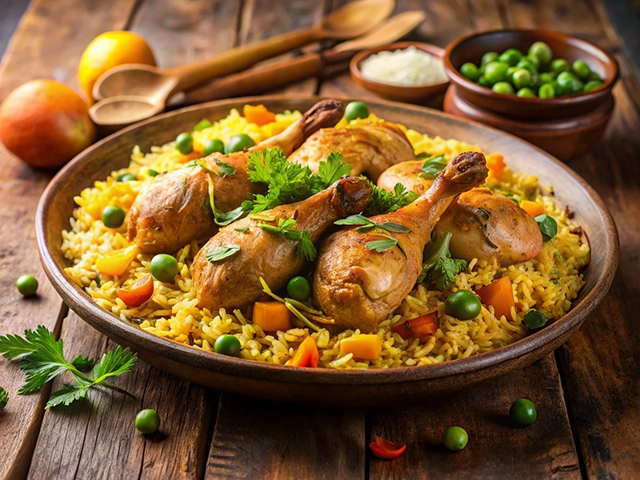 A beautifully arranged bowl of chicken biryani served over fragrant yellow rice with green peas and diced carrots, garnished with fresh cilantro, alongside apples and wooden utensils on a rustic wooden table.