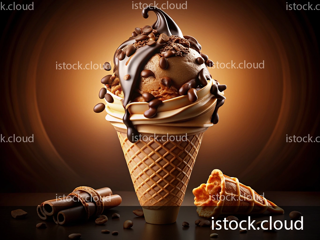 A beautifully presented ice cream cone featuring rich chocolate and coffee-flavored ice creams, topped with chocolate syrup, chocolate shavings, and coffee beans. The cone is placed against a warm, gradient background, with a broken waffle cone and chocolate rolls scattered in front.