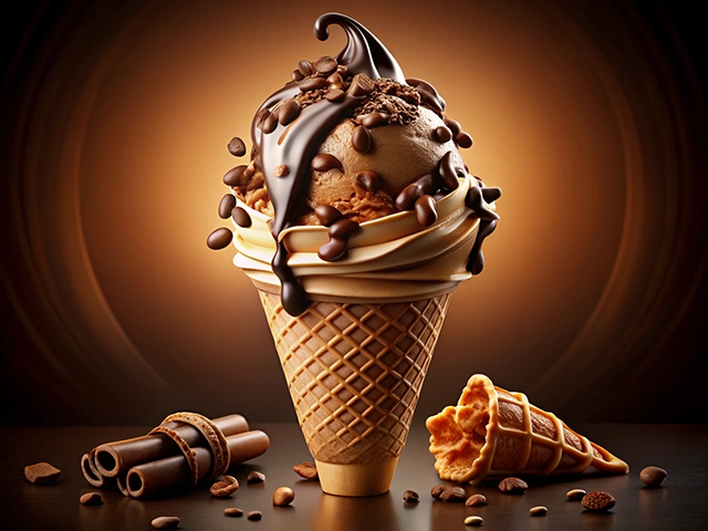 A beautifully presented ice cream cone featuring rich chocolate and coffee-flavored ice creams, topped with chocolate syrup, chocolate shavings, and coffee beans. The cone is placed against a warm, gradient background, with a broken waffle cone and chocolate rolls scattered in front.