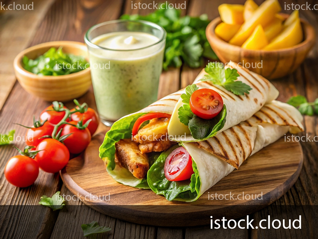A wooden platter featuring a grilled wrap filled with lettuce, tomatoes, and crispy chicken, accompanied by a glass of green smoothie and a side of potato wedges.