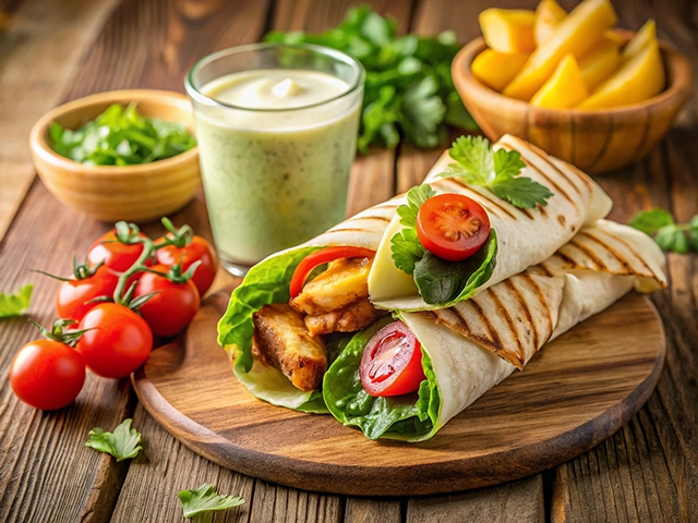 A wooden platter featuring a grilled wrap filled with lettuce, tomatoes, and crispy chicken, accompanied by a glass of green smoothie and a side of potato wedges.