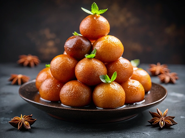 A beautifully arranged gulab jamun sweets garnished with mint leaves on a dark plate, surrounded by star anise on a textured black background.