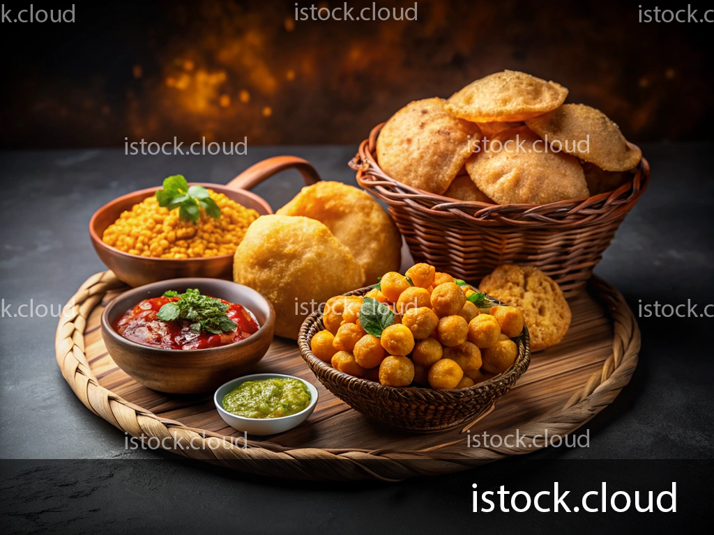 A beautifully arranged platter featuring crispy puris, a bowl of yellow lentils, spicy red chutney, green mint chutney, and golden fried snacks, all served on a round woven tray against a dark background.