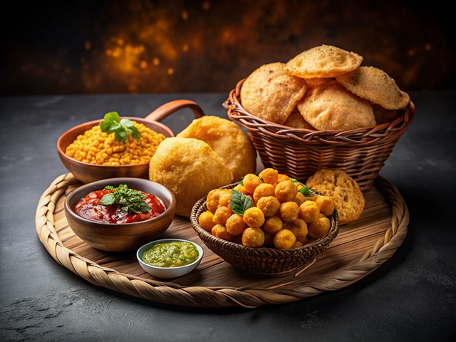 A beautifully arranged platter featuring crispy puris, a bowl of yellow lentils, spicy red chutney, green mint chutney, and golden fried snacks, all served on a round woven tray against a dark background.