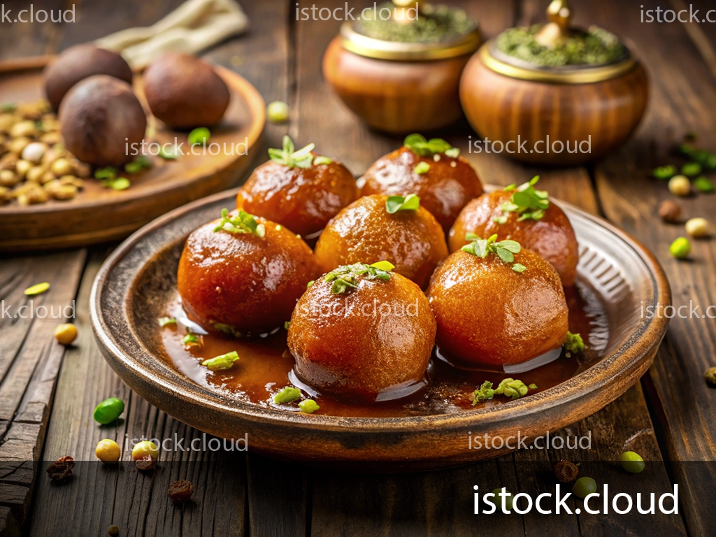 A close-up image of a plate featuring golden-brown gulab jamun, a popular Indian dessert. The round sweets are submerged in a sweet syrup, garnished with chopped pistachios, and served on a rustic wooden table. In the background, there are dark-brown sweets on a wooden plate and scattered green and beige nuts.