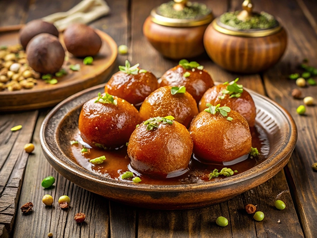 A close-up image of a plate featuring golden-brown gulab jamun, a popular Indian dessert. The round sweets are submerged in a sweet syrup, garnished with chopped pistachios, and served on a rustic wooden table. In the background, there are dark-brown sweets on a wooden plate and scattered green and beige nuts.