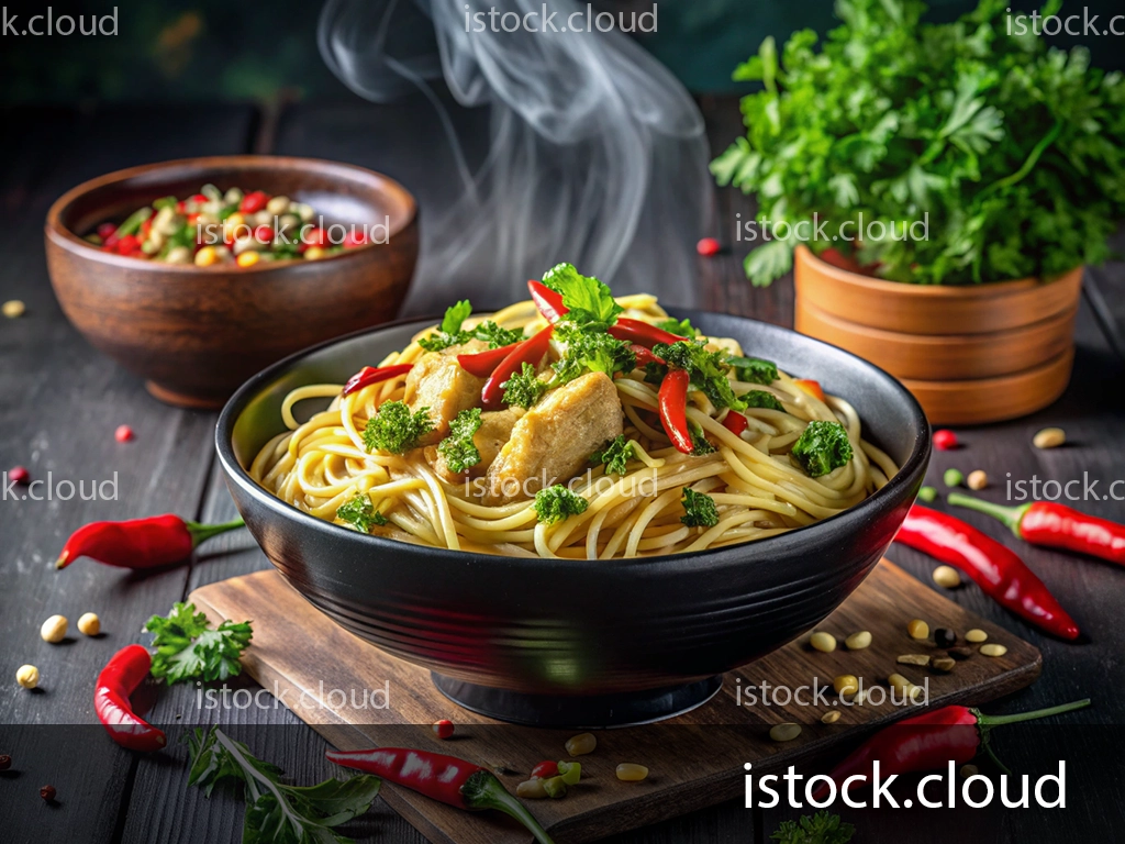 A steaming bowl of spaghetti topped with chicken, red chili peppers, and fresh herbs, surrounded by a bowl of mixed nuts and another bowl of herbs on a dark wooden table.