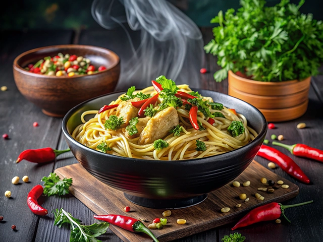 A steaming bowl of spaghetti topped with chicken, red chili peppers, and fresh herbs, surrounded by a bowl of mixed nuts and another bowl of herbs on a dark wooden table.