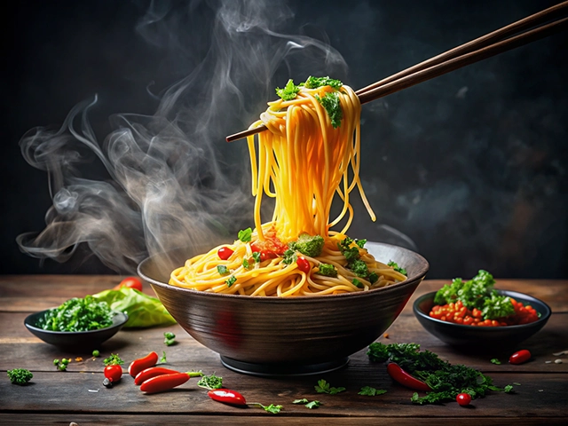 A steaming bowl of spaghetti noodles being lifted with chopsticks, garnished with fresh herbs and tomatoes, surrounded by various colorful ingredients and spices on a wooden table.