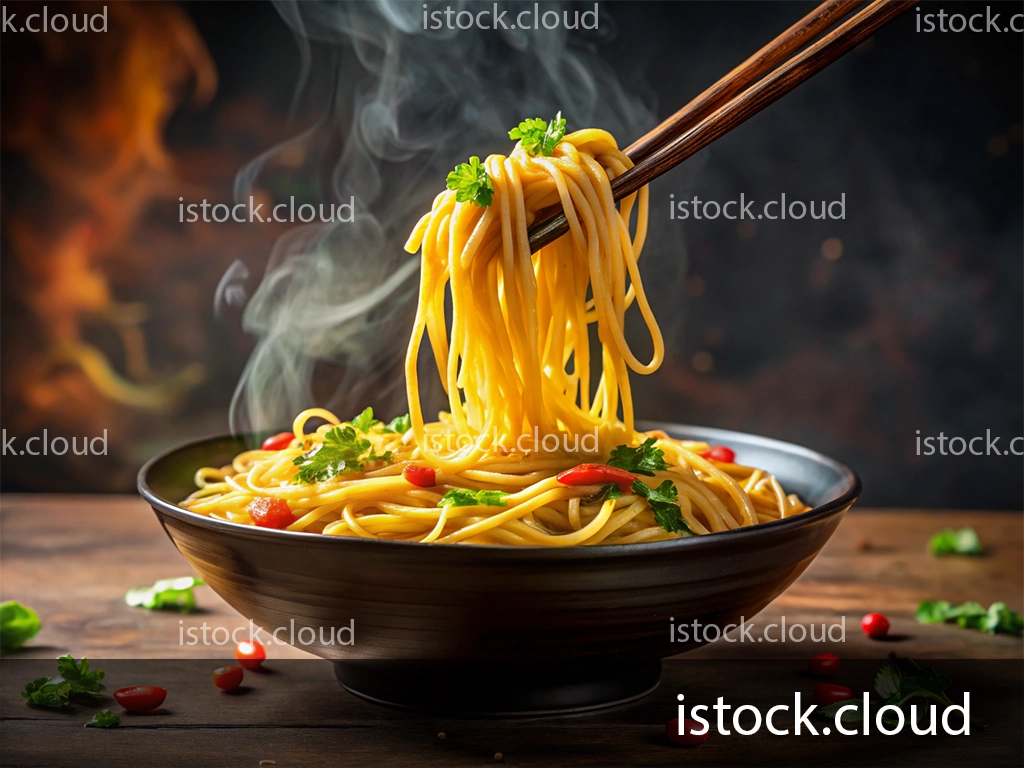A bowl of steaming noodles being lifted with chopsticks, garnished with cilantro and cherry tomatoes against a dark background.