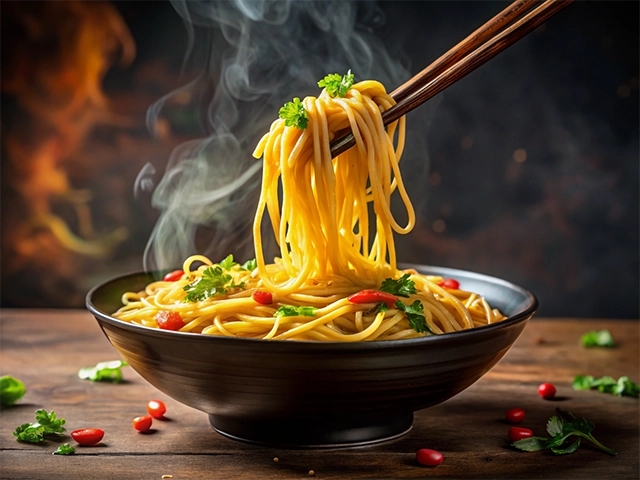 A bowl of steaming noodles being lifted with chopsticks, garnished with cilantro and cherry tomatoes against a dark background.