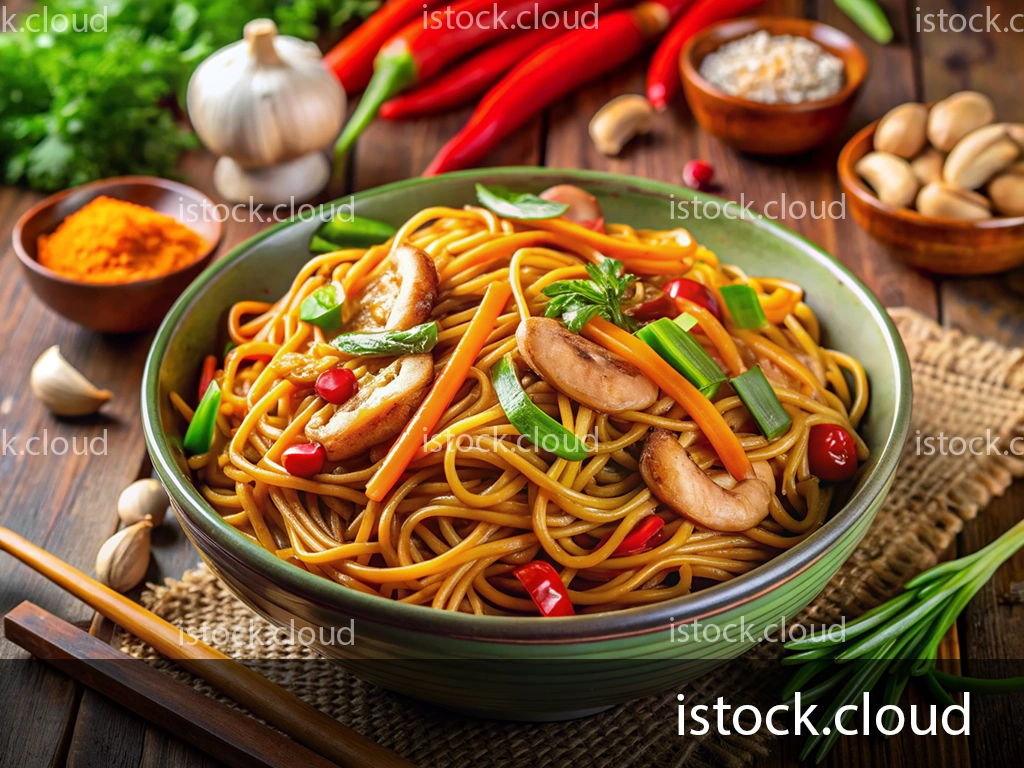 A close-up image of a green bowl filled with stir-fried noodles topped with sliced mushrooms, cashews, carrots, and red bell peppers. Surrounding the bowl are garlic, red chili peppers, a small bowl of turmeric powder, and additional bowls containing cashews and sesame seeds. A bamboo mat serves as the base, and rosemary leaves are placed nearby.