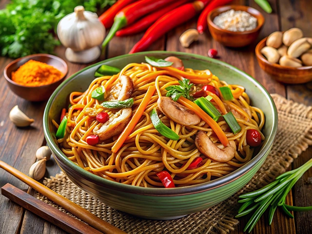 A close-up image of a green bowl filled with stir-fried noodles topped with sliced mushrooms, cashews, carrots, and red bell peppers. Surrounding the bowl are garlic, red chili peppers, a small bowl of turmeric powder, and additional bowls containing cashews and sesame seeds. A bamboo mat serves as the base, and rosemary leaves are placed nearby.