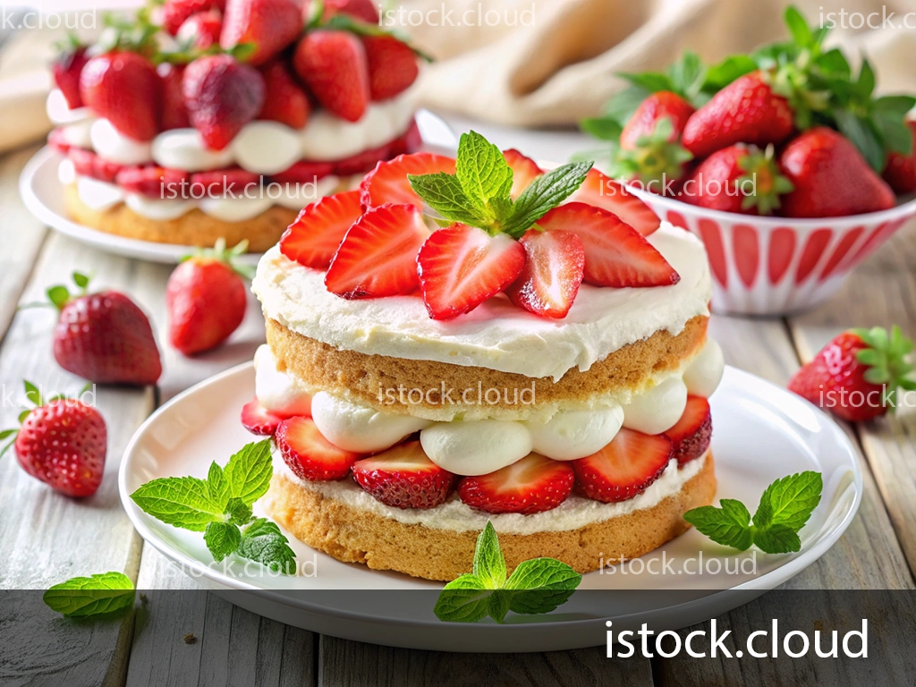 A beautifully layered strawberry cake sits on a white plate. The cake features three tiers filled with cream and fresh strawberries, topped with slices of strawberries and a sprig of mint. In the background, a small bowl of strawberries and scattered mint leaves are visible, set against a light wooden table.