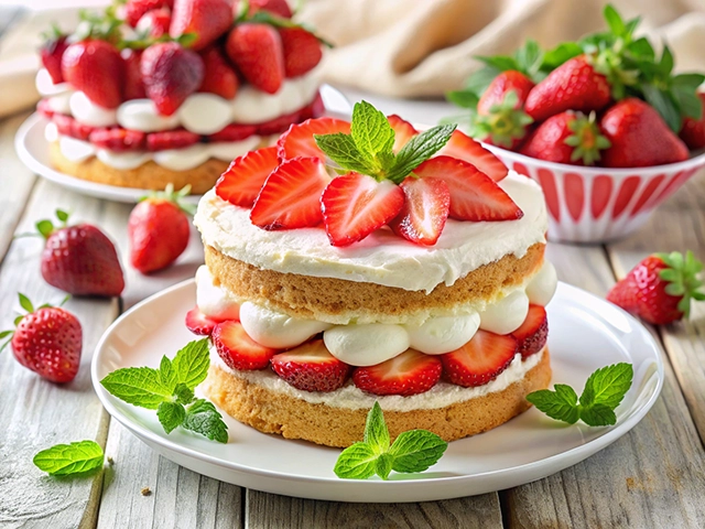 A beautifully layered strawberry cake sits on a white plate. The cake features three tiers filled with cream and fresh strawberries, topped with slices of strawberries and a sprig of mint. In the background, a small bowl of strawberries and scattered mint leaves are visible, set against a light wooden table.