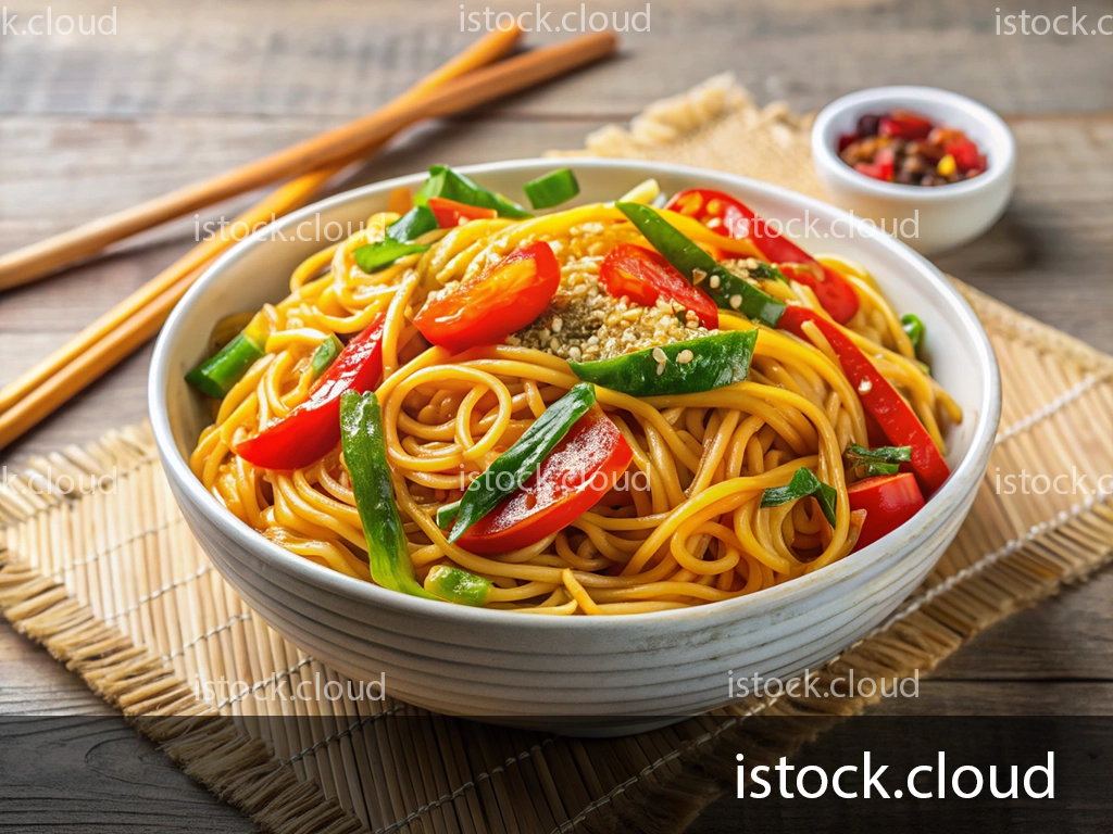 A bowl of stir-fried vegetable noodles garnished with sesame seeds, featuring vibrant red and green bell peppers. The bowl is placed on a bamboo mat with chopsticks and a small dish of chili flakes in the background.