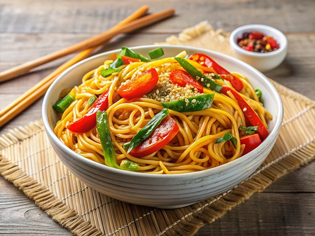 A bowl of stir-fried vegetable noodles garnished with sesame seeds, featuring vibrant red and green bell peppers. The bowl is placed on a bamboo mat with chopsticks and a small dish of chili flakes in the background.