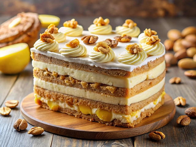A beautifully layered nut cake with creamy filling and decorative swirls of frosting on top, garnished with chopped nuts. The cake is displayed on a round wooden board with some nuts scattered around and a lemon in the background.