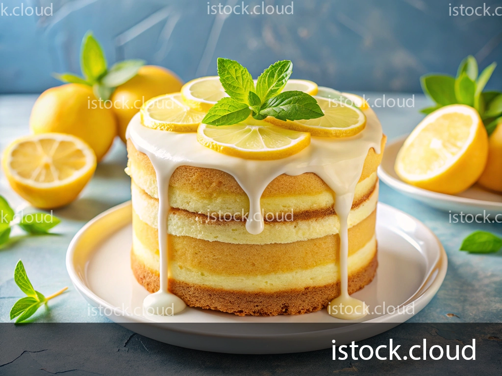 A three-layer lemon cake topped with slices of fresh lemon and a creamy glaze, garnished with mint leaves, on a white plate with lemons in the background.