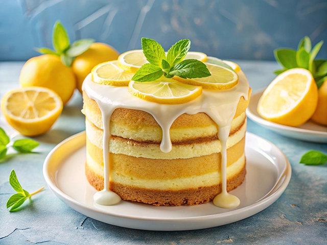 A three-layer lemon cake topped with slices of fresh lemon and a creamy glaze, garnished with mint leaves, on a white plate with lemons in the background.