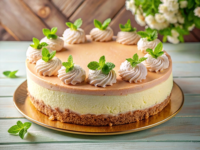 A beautifully decorated cheesecake featuring a creamy yellow base topped with a light peach layer, swirls of whipped cream, and fresh mint leaves, all presented on a gold cake plate.