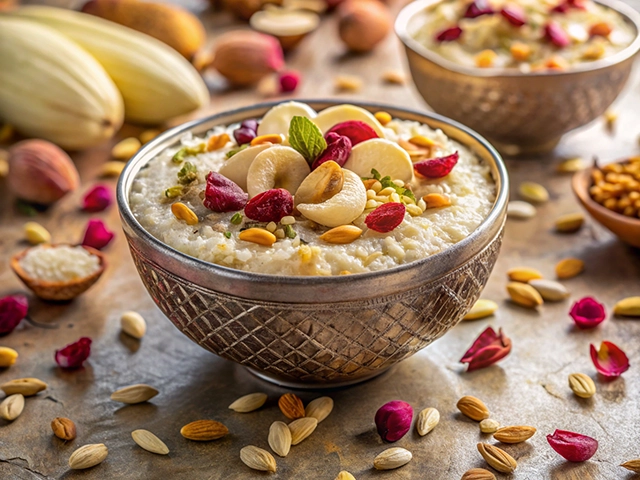 Two bowls of creamy pudding topped with sliced bananas, nuts, and rose petals, surrounded by scattered nuts and petals on a textured surface.