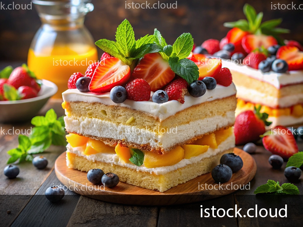 A layered fruit cake featuring whipped cream, fresh strawberries, raspberries, blueberries, and peaches, garnished with mint leaves, served on a wooden platter with a bowl of berries and a jug of orange juice in the background.