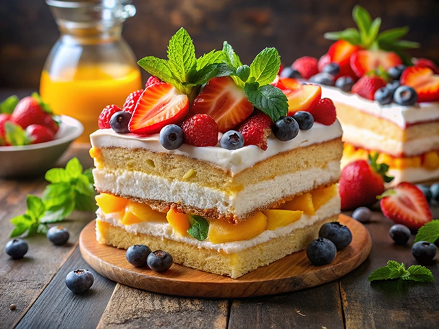 A layered fruit cake featuring whipped cream, fresh strawberries, raspberries, blueberries, and peaches, garnished with mint leaves, served on a wooden platter with a bowl of berries and a jug of orange juice in the background.
