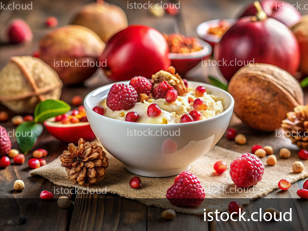 A bowl of creamy yogurt topped with raspberries and pomegranate seeds, surrounded by autumn-themed decor including red apples, pine cones, and scattered berries on a wooden table.