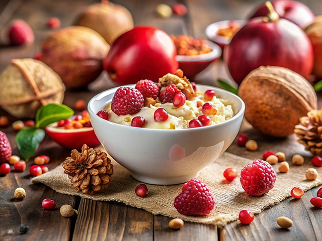 A bowl of creamy yogurt topped with raspberries and pomegranate seeds, surrounded by autumn-themed decor including red apples, pine cones, and scattered berries on a wooden table.