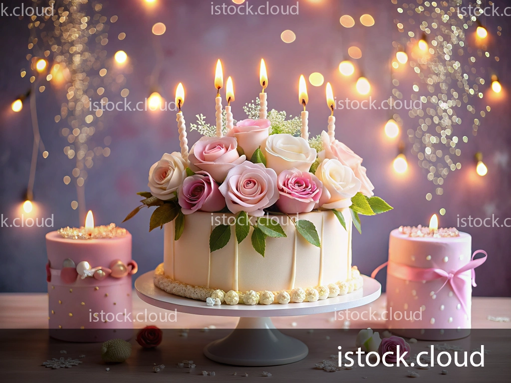 A beautifully decorated birthday cake topped with pastel roses and lit candles, surrounded by pink candles and decorative elements, set against a bokeh background.